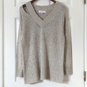 John + Jenn Molly Alpaca Blend Marled Knit Cut Out V-neck Sweater Gray Cream S
